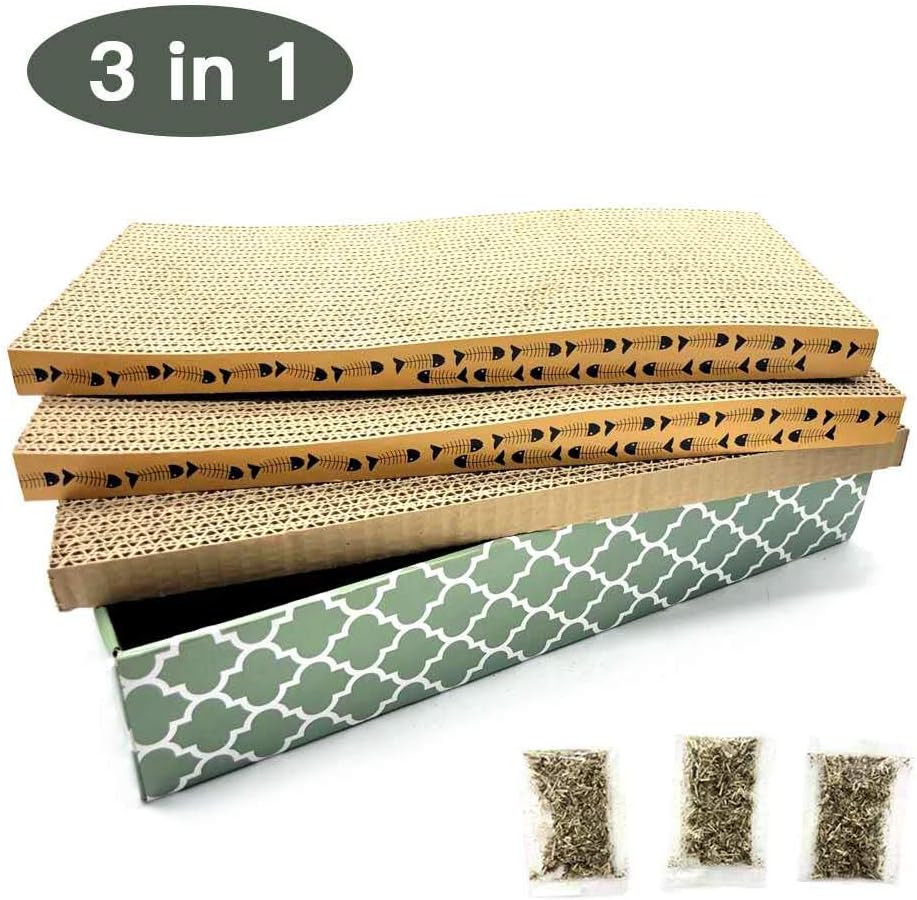 Cat Scratcher Cardboard Scratching Pads Scratch Lounge Bed with Catnip 3PCS Reversible Corrugated Cardboard with Scratch Box