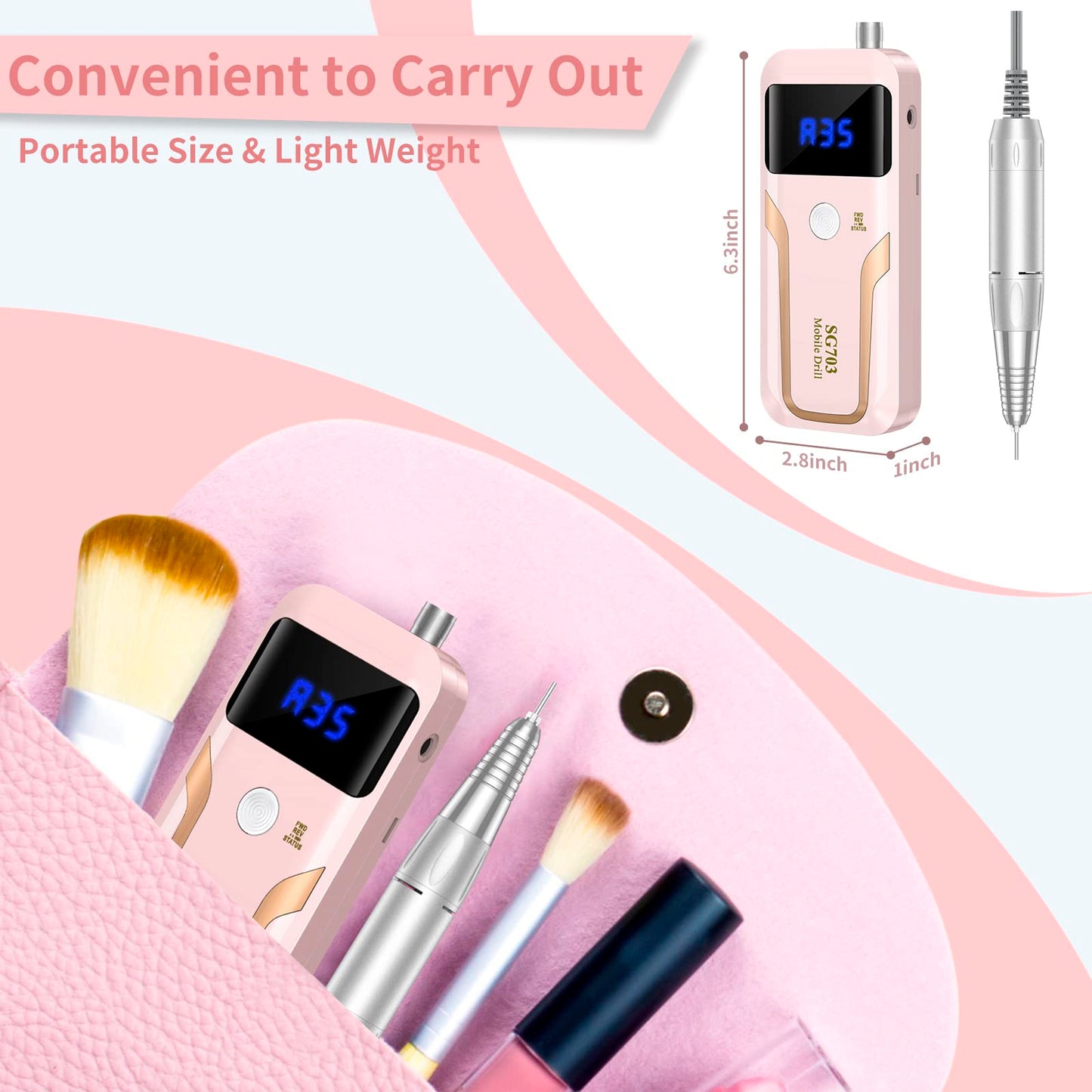 Portable Nail Drill Professional 35000 RPM, Rechargeable Electric Nail File Machine E File for Acrylic Nails Gel Polishing Removing, Cordless Efile with Bits Kit for Manicure Salon Home, Pink