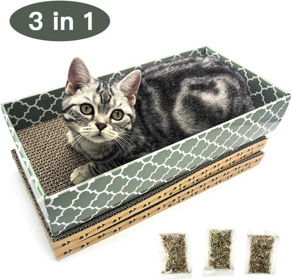 Cat Scratcher Cardboard Scratching Pads Scratch Lounge Bed with Catnip 3PCS Reversible Corrugated Cardboard with Scratch Box