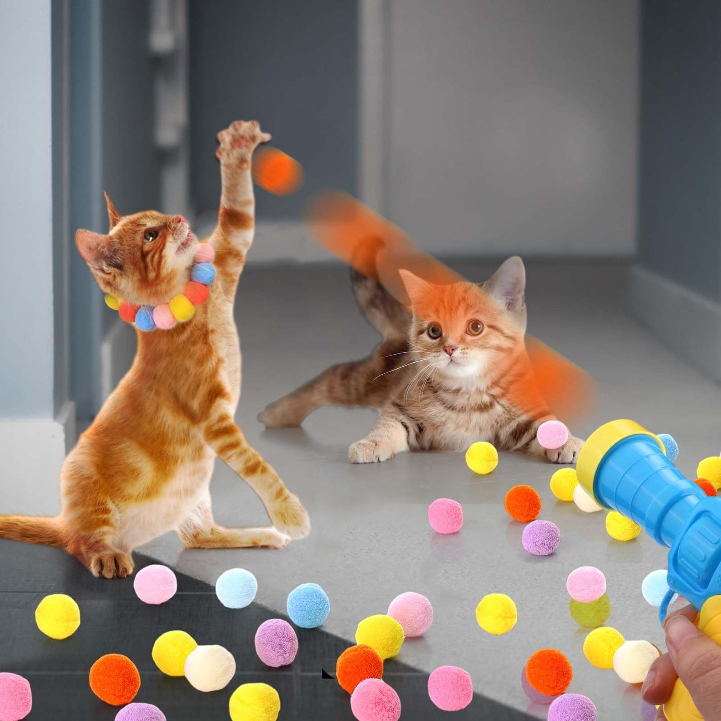 AIERSA Cat Toy Ball Launcher Gun,Cat Fetch Toy Gun Shooter, Plush Ball Shooting Gun with 20Pcs Pom Pom Balls, Toys Interactive for Indoor Cats