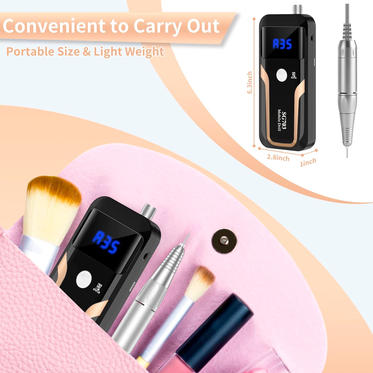 Portable Nail Drill Professional 35000 RPM, Rechargeable Electric Nail File Machine E File for Acrylic Nails Gel Polishing Removing, Cordless Efile with Bits Kit for Manicure Salon Home, Pink